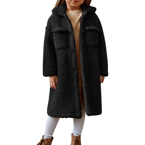 Generisch Wintermantel Mädchen Warme Übergangsjacke Casual Fleecejacke Kinder Länge Steppjacke Fleece Jacke mit Knöpfen Tasche Einfarbig Winterjacke Oversized Sweatjacke Schwarz 3-4 Jahre von Generisch