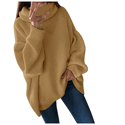 Generisch Winterpullover Damen, Herbst Und Winter Locker Fest Farbe Nähen Langarm Rollkragen Pullover Strickjacke Top Damen Grobmaschig Strickpulli Sweater Oversized Pullover Sport (3XL, Braun) von Generisch