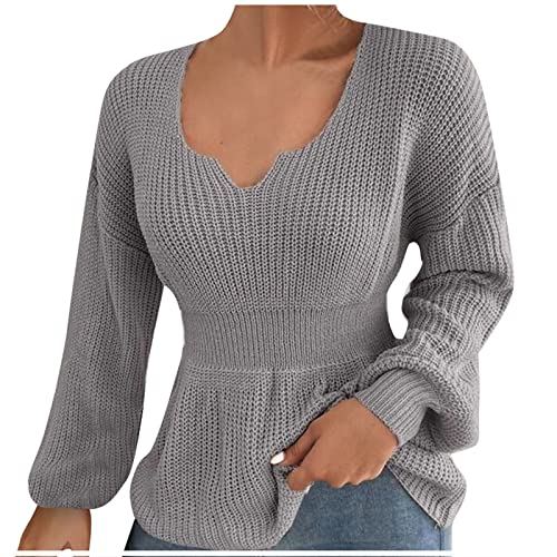 Generisch Winterpullover Damen, Mode V-Ausschnitt Pullover Shirt Solide Farbe Langarm Ruffle Taille Damen Shirt Kapuzenpullover Herbst Streifen Rollkragen Lang Pullover Sport Sweatshirt (S, Grau) von Generisch