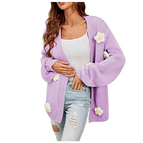 Generisch Winterpullover Damen, Strickjacke Blumen Druck Mode Cardigan Langarm Strickpullover Lose Sweater Top Damenpullover Strick Damen Baumwolle Pullover Kleid Elegant Pullover (XL, Lila) von Generisch