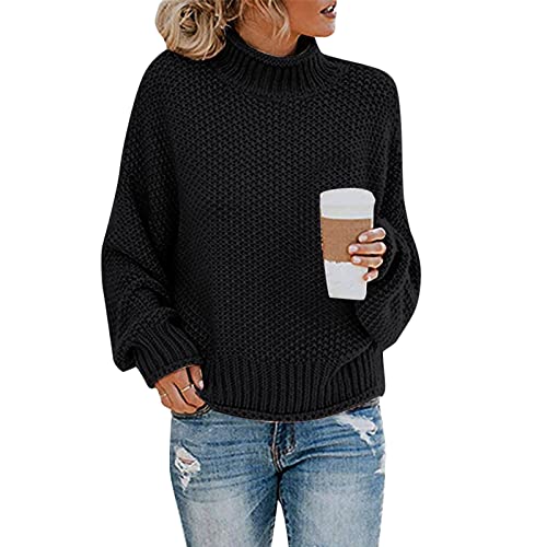 Generisch Winterpullover Damen, Strickpullover Damen Pullover elegant Winterpullover Casual Strickpulli Herbst Winter Grobstrickpullover Sweatshirt Pulli Damenpullover Rollkragenpullover, Schwarz von Generisch