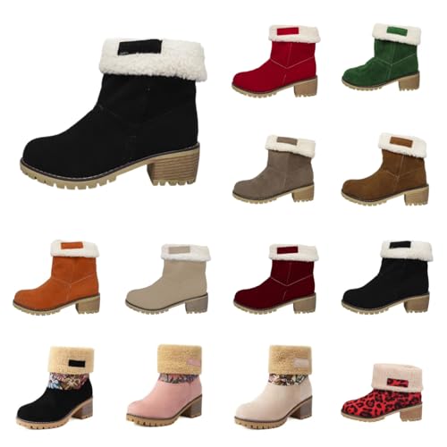 Generisch Winterstiefel Damen Bequemes Slip on Ankle Boots Warme Gefüttert Wildleder Winterboots Breites Kalb Schnee Stiefeletten Mit Blockabsatz von Generisch