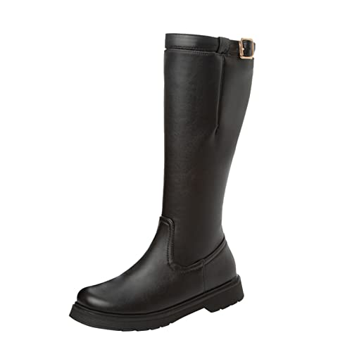 Generisch Winterstiefel Damen Schuhe, einfarbig, Gürtelschnalle, dekorativer seitlicher Reißverschluss, Flacher Boden, Lange Stiefel (Black, 41) von Generisch