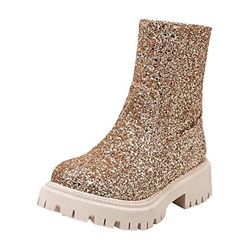 Generisch Winterstiefel Damen Schuhe Mode Damenschuhe Britischer Stil Low Heel Pailletten seitlicher Reißverschluss Freizeitstiefel (Gold, 37) von Generisch