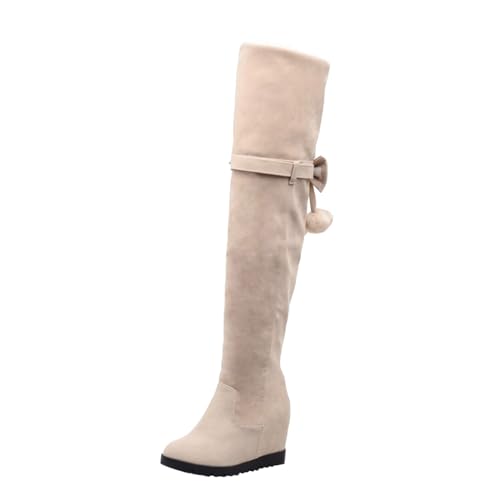 Generisch Winterstiefel Damen Schuhe Retro-Stiefel massivem mit Abnehmbarer Schleife erhöhter Knielänge (Beige, 38) von Generisch