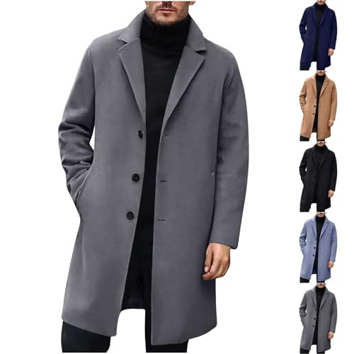 Generisch Wollmantel Herren Einfarbige Fleece Wintermantel Lang Winterjacke mit Knopf Knielang Trenchcoat Klassischem Wintercoat Revers Business Mantel Männer Herbst Winter Coat Dunkelgrau S von Generisch
