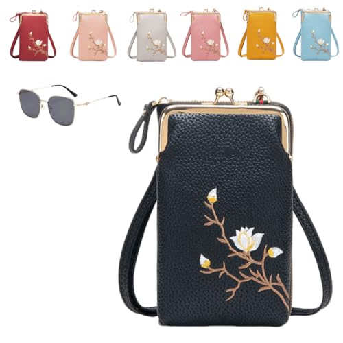 Generisch Women Sling Cross-Body Wallet With Mobile Cell Phone Holder,Floral Embroidery Crossbody Wallet With Phone Slot (black) von Generisch