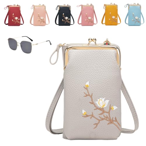 Generisch Women Sling Cross-Body Wallet With Mobile Cell Phone Holder,Floral Embroidery Crossbody Wallet With Phone Slot (grey) von Generisch