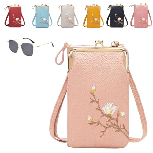 Generisch Women Sling Cross-Body Wallet With Mobile Cell Phone Holder,Floral Embroidery Crossbody Wallet With Phone Slot (pale pink) von Generisch