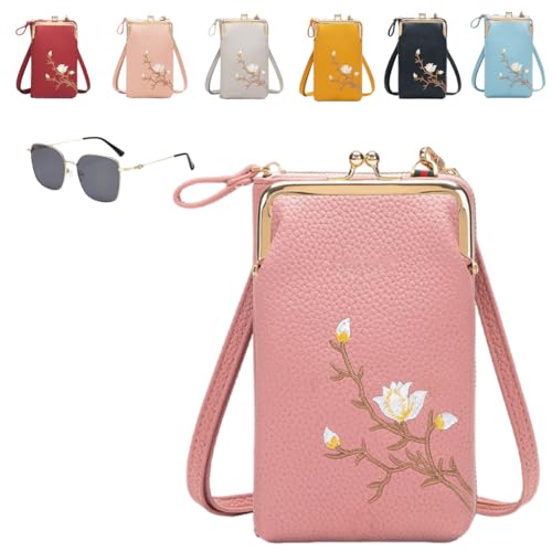 Generisch Women Sling Cross-Body Wallet With Mobile Cell Phone Holder,Floral Embroidery Crossbody Wallet With Phone Slot (pink) von Generisch