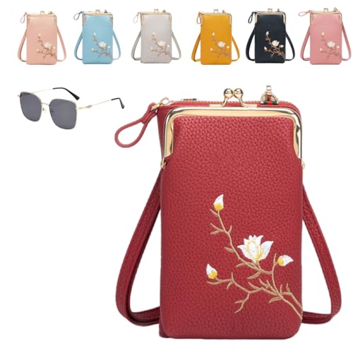 Generisch Women Sling Cross-Body Wallet With Mobile Cell Phone Holder,Floral Embroidery Crossbody Wallet With Phone Slot (red) von Generisch