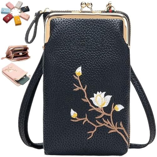 Generisch Women Sling Cross-Body Wallet with Mobile Cell Phone Holder, Embroidery Cell Phone Handbags with Card Slots (Black 1) von Generisch