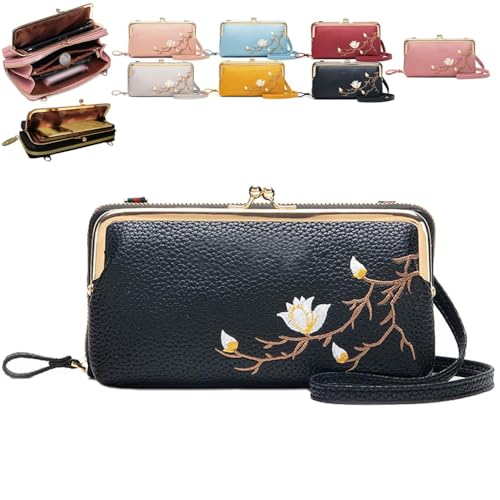 Generisch Women Sling Cross-Body Wallet with Mobile Cell Phone Holder, Embroidery Cell Phone Handbags with Card Slots (Black 2) von Generisch
