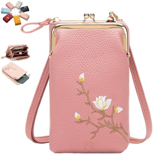 Generisch Women Sling Cross-Body Wallet with Mobile Cell Phone Holder, Embroidery Cell Phone Handbags with Card Slots (Deep Pink 1) von Generisch