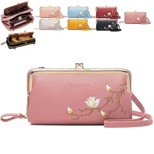 Generisch Women Sling Cross-Body Wallet with Mobile Cell Phone Holder, Embroidery Cell Phone Handbags with Card Slots (Deep Pink 2) von Generisch