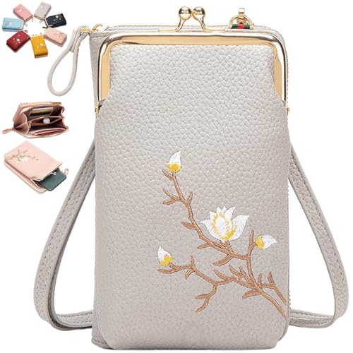 Generisch Women Sling Cross-Body Wallet with Mobile Cell Phone Holder, Embroidery Cell Phone Handbags with Card Slots (Grey 1) von Generisch