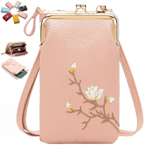 Generisch Women Sling Cross-Body Wallet with Mobile Cell Phone Holder, Embroidery Cell Phone Handbags with Card Slots (Light Pink 1) von Generisch