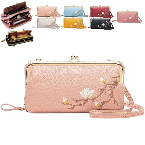 Generisch Women Sling Cross-Body Wallet with Mobile Cell Phone Holder, Embroidery Cell Phone Handbags with Card Slots (Light Pink 2) von Generisch