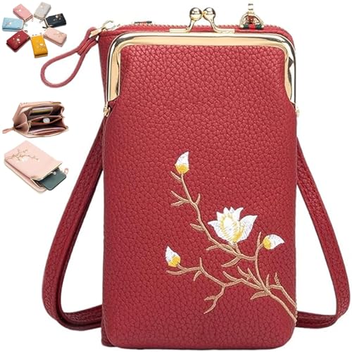 Generisch Women Sling Cross-Body Wallet with Mobile Cell Phone Holder, Embroidery Cell Phone Handbags with Card Slots (Red 1) von Generisch
