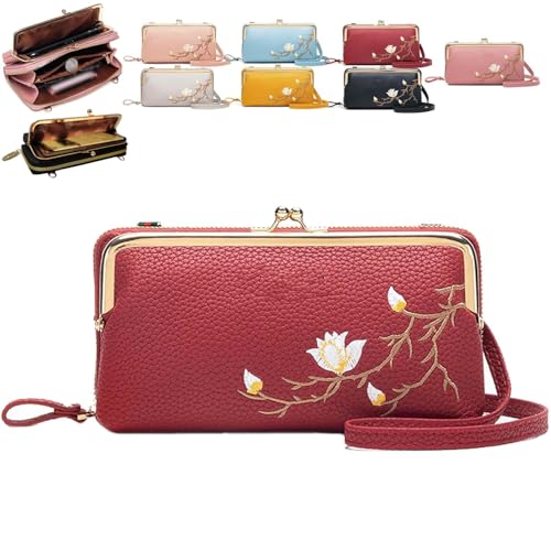 Generisch Women Sling Cross-Body Wallet with Mobile Cell Phone Holder, Embroidery Cell Phone Handbags with Card Slots (Red 2) von Generisch