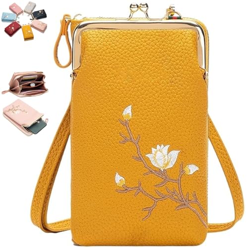 Generisch Women Sling Cross-Body Wallet with Mobile Cell Phone Holder, Embroidery Cell Phone Handbags with Card Slots (Yellow 1) von Generisch