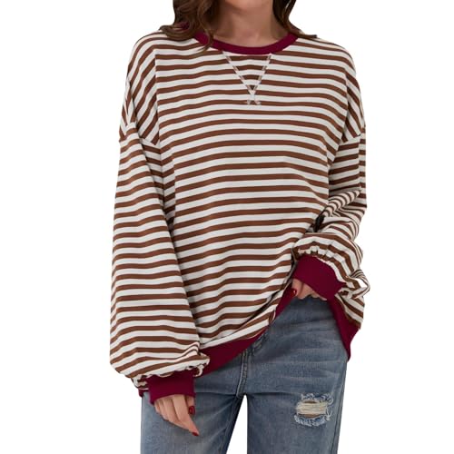 Generisch Women Striped Color Block Oversized Sweatshirt Crew Neck Long Sleeve Shirt Pullover Top Casual Loose fit Sweater Pullover Y2K Shirt Casual Tops (Rot, M) von Generisch