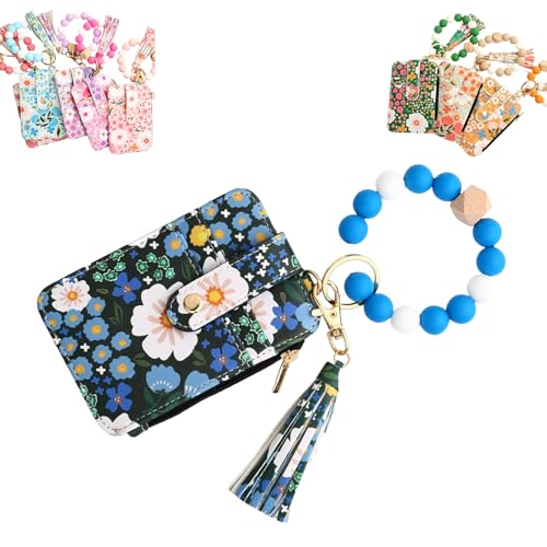 Generisch Women's Boho Beaded Wallet with Flower Pattern, Bracelet Keychain Wallet for Women, Credit Card Holder Purse (Dark Blue) von Generisch