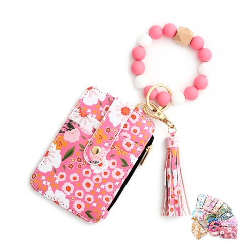 Generisch Women's Boho Beaded Wallet with Flower Pattern,Cute Silicone Beaded & Tassel Decorated Wristlet Keychain Card Holder (Dark Pink) von Generisch