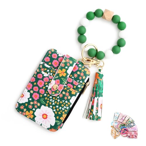 Generisch Women's Boho Beaded Wallet with Flower Pattern,Cute Silicone Beaded & Tassel Decorated Wristlet Keychain Card Holder (Green) von Generisch