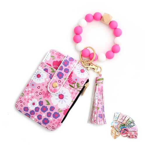 Generisch Women's Boho Beaded Wallet with Flower Pattern,Cute Silicone Beaded & Tassel Decorated Wristlet Keychain Card Holder (Rose Red) von Generisch