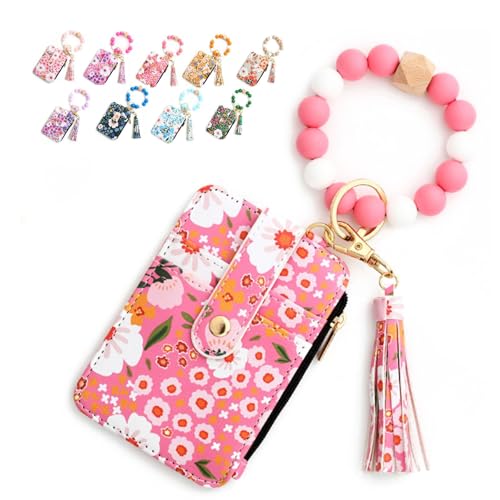 Generisch Women's Boho Beaded Wallet with Flower Pattern - Tassel Decorated Keychain Wristlet Wallets for Women, WristletKeychainCard Holder (Dark pink) von Generisch