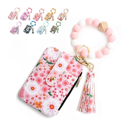 Generisch Women's Boho Beaded Wallet with Flower Pattern - Tassel Decorated Keychain Wristlet Wallets for Women, WristletKeychainCard Holder (Light pink) von Generisch