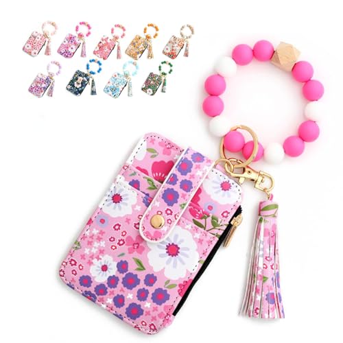 Generisch Women's Boho Beaded Wallet with Flower Pattern - Tassel Decorated Keychain Wristlet Wallets for Women, WristletKeychainCard Holder (Rose red) von Generisch