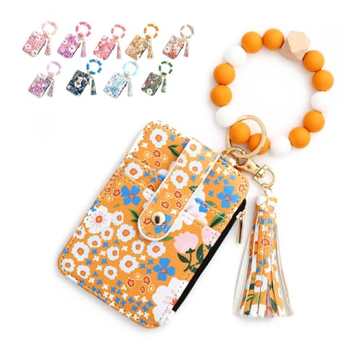 Generisch Women's Boho Beaded Wallet with Flower Pattern - Tassel Decorated Keychain Wristlet Wallets for Women, WristletKeychainCard Holder (Yellow) von Generisch