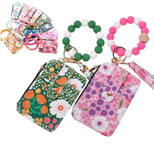 Generisch Women's Boho Style Beaded & Tassel Decorated Keychain with Flower Pattern Wallet, Bracelet Keychain Wallet for Women (AC) von Generisch