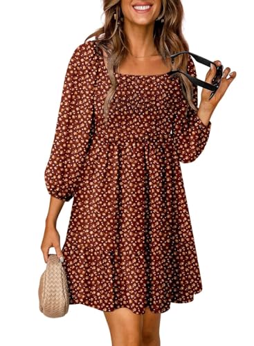 Generisch Women's Fall Floral Print 3/4 Sleeve Mini Dress Square Neck Smocked Waist Ruffled Hem Casual Party Dress (Red,M) von Generisch
