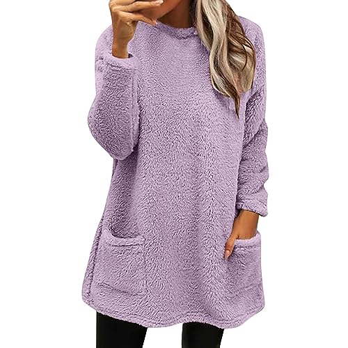 Generisch Women's Fleece Jacket,Damen Lang Teddy Fleece Flauschig Pulli Lockeres Weich Winter Warm Sweatshirt Ohne Kapuze Einfarbig Lose Plüsch Oversize Casual Fleecepulli Mit Taschen von Generisch