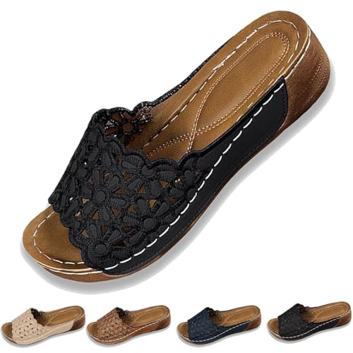 Generisch Women’s Orthopedic Wedge Sandals with Breathable Floral Straps, Non-Slip Arch Support & Adjustable Toe Clasp, 2025 Trendy Walking Shoes (Black,40) von Generisch