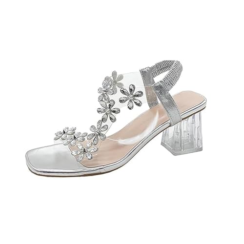 Generisch Women's Summer Flower Rhinestone Open Toe Block Heel Sandals Elastic Ankle Strap Chunky Square Open Toe Heeled Sandals (Silver,39) von Generisch