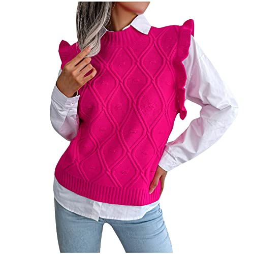 Generisch Women's Sweaters, Damen Casual V-Ausschnitt Pullover Shirt Feste Farbe Ärmellose Pullover Weste Elegant Außergewöhnliche Pullover Weihnachtspollover Sweatshirts Pullover (M, Hot Pink) von Generisch