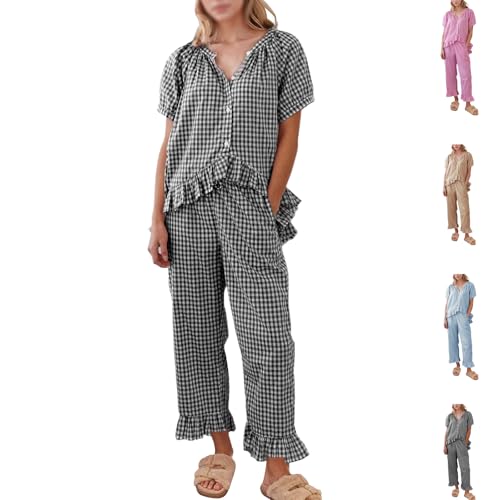 Generisch Womens Gingham Pajama Set,Set 2 Piece Cotton Plaid Raglan Sleeve Button Top Straight,Pjs Cute Ruffle Sleepwear (Black,M) von Generisch
