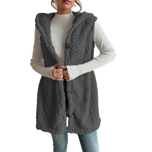 Generisch Womens Sherpa Vest with Hood - New Winter Fleece Button Up Long Vest Jackets Front Coat Long Warm Comfy Knit Textured Hooded Sweatshirt (Grey,S) von Generisch