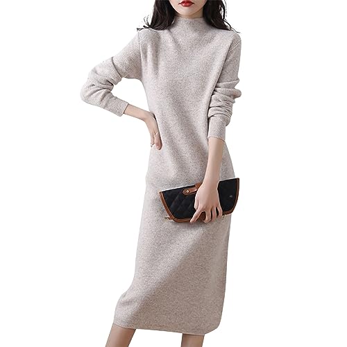 Generisch Damen Strickkleid, Strickkleid Damen Winter Halbhoher Kragen Woll Elegant Lang Reine Farbe Pulloverkleid Herbst Sweater Dress Lange Pullover FüR Damen Strickkleid (M, Khaki) von Generisch