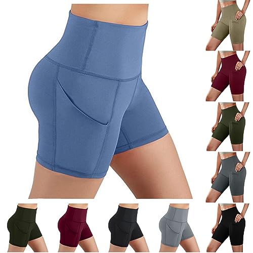 Generisch Yogahosen Kurze für Damen Hohe Taille Yoga-Hosen mit Taschen Regenbogen Leggings Damen Jogging Scrunch Butt Sportshorts für Frauen (xA-Light Blue, M) von Generisch