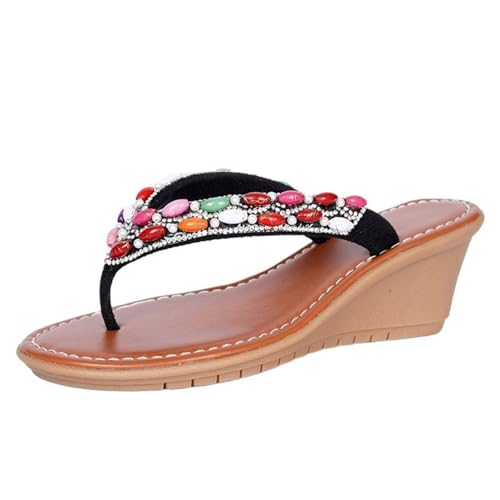 Generisch Zehentrenner Damen Sommer Flache Flip Flops Bohemia Sandals mit Strass Perlen Wedge Pantoletten Clip Toe Schlappen Lässige Keilsandalen Bequeme Keilabsatz Hausschlappen Plattform Slipper von Generisch