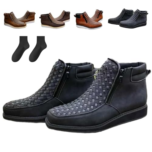 Generisch Zenfaze Handcrafted Western Cowboy Boots, Men's Square Toe Leather Hand-wove Work Cowboy Boot with Side Zipper (Black,45) von Generisch