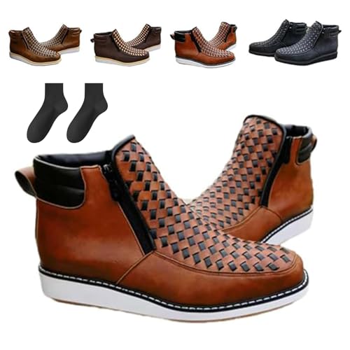 Generisch Zenfaze Handcrafted Western Cowboy Boots, Men's Square Toe Leather Hand-wove Work Cowboy Boot with Side Zipper (Brown,40) von Generisch