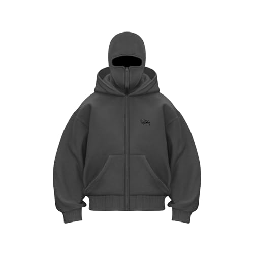 Generisch Zipper Hoodie Damen Y2K Kapuzenpullover Sweatshirt Mit Sturmhaube Sweatjacke Oversized Mask Jacke Mit Doppel Kapuze Hoodie Mit Fleece Winddichte Übergangsjacke Winter Motor Kapuzenjacke von Generisch