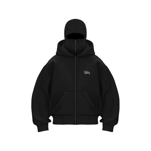 Generisch Zipper Hoodie Damen Y2K Kapuzenpullover Sweatshirt Mit Sturmhaube Sweatjacke Oversized Mask Jacke Mit Doppel Kapuze Hoodie Mit Fleece Winddichte Übergangsjacke Winter Motor Kapuzenjacke von Generisch