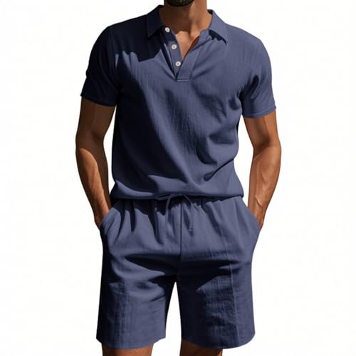 Generisch Zwei Teiler Jogging Anzug, 2 Herren Leinenanzug Sommer Outfit Männer Leicht Leinen Shirts & Short Set Urlaub Strand Zweiteiler Kleidung Klamotten Malle Outfit Set Pullover (3XL, Marine) von Generisch